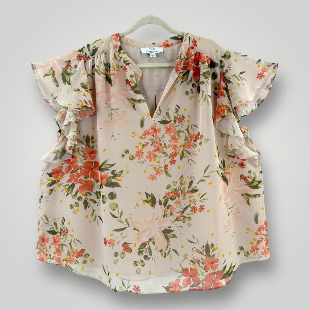 Magaschoni Blouse Womens 3X Beige Sheer Floral Ruffle Flutter Sleeve Tunic Top
